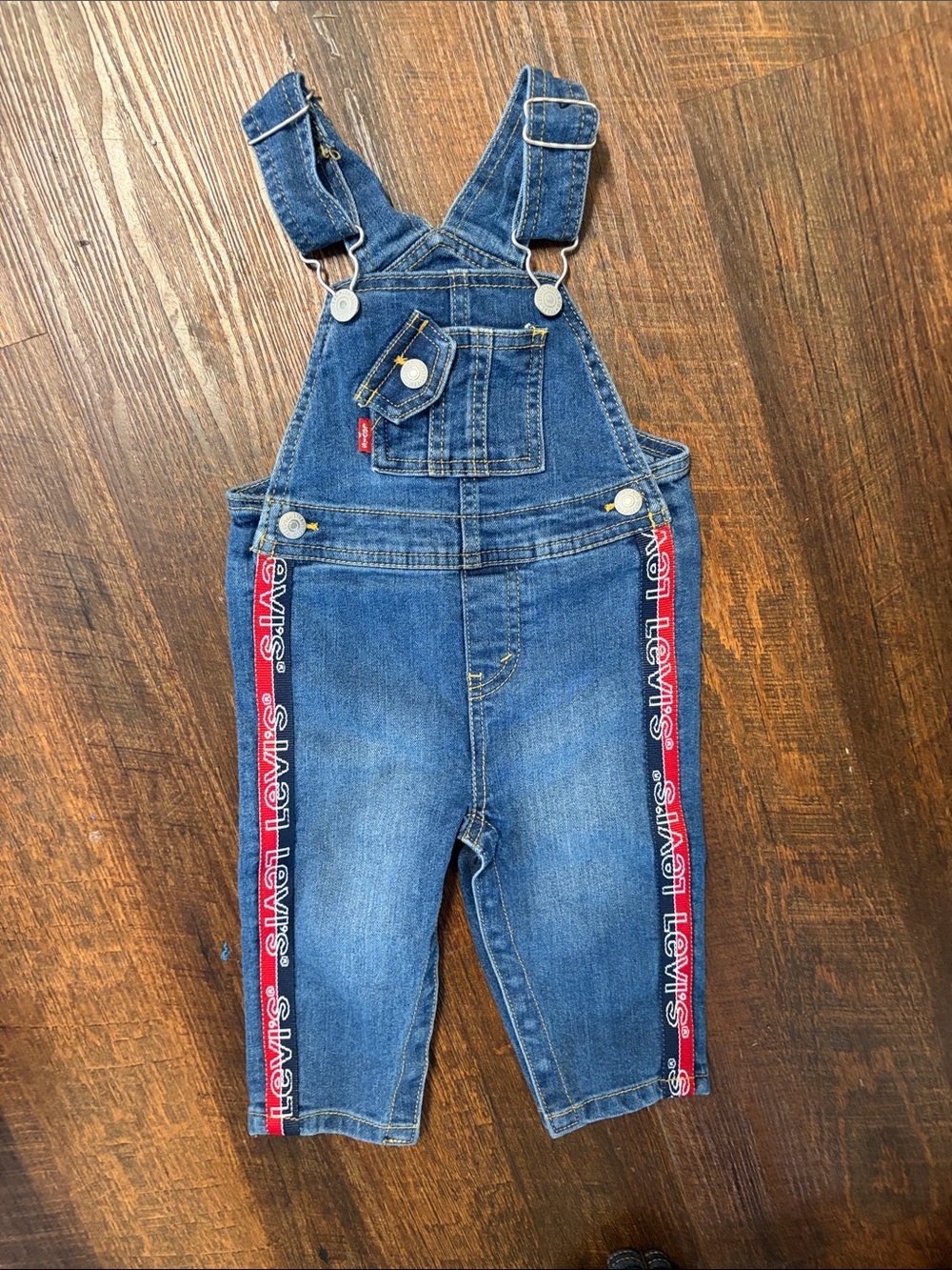 Levi's Blue Denim Kids Overalls with Red Logo Side Tape